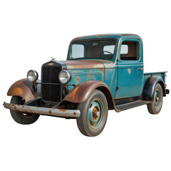 Rusted teal vintage pickup truck isolated on a transparent background