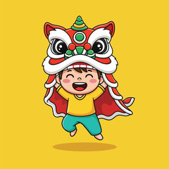 Joyful child in a vibrant cartoon lion dance costume celebrating.