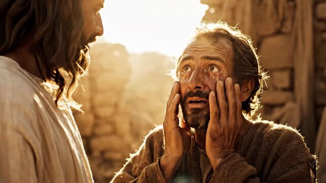 Jesus Christ healing a blind man by touching his eyes. A biblical miracle of restoring sight through faith. Emotional and cinematic depiction of a religious story
