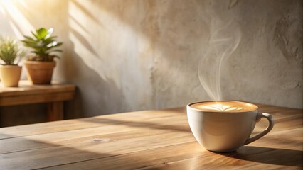 Warm morning sunlight streams onto a wooden table, illuminating a steaming cup of latte art coffee; peaceful, cozy atmosphere.