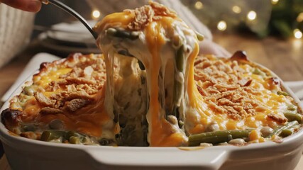 Serving a cheesy green bean casserole from a baking dish. Close-up of a gooey cheese pull from a classic holiday side dish. Homemade comfort food for Thanksgiving dinner