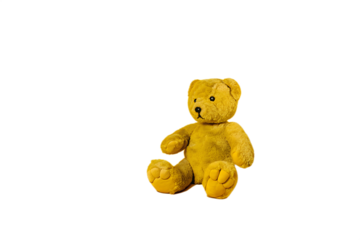 A charming and friendly yellow teddy bear, meticulously photographed with professional lighting, isolated on a pure white backdrop, symbolizing warmth, childhood, and companionship
