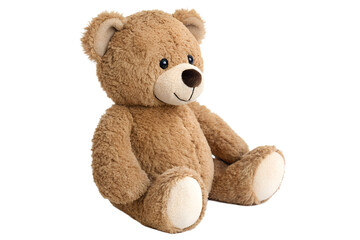 Obraz premium Professional real life product photography of a cute and cuddly brown teddy bear plush animal, seated and isolated on a seamless white backdrop