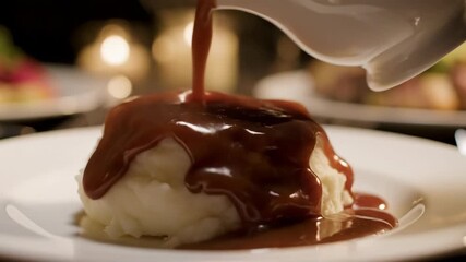 Pouring rich gravy on mashed potatoes in slow motion. Close-up of a delicious savory sauce covering a hot dish. Comfort food for a holiday dinner - Powered by Adobe