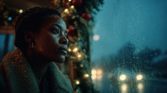Homeless Black woman gazing thoughtfully out a rainy window adorned with Christmas decorations, capturing a moment of reflection and solitude in a winter urban setting