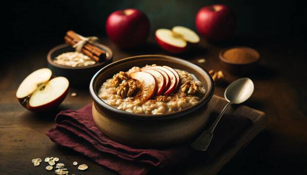 A close-up of a rustic ceramic bowl filled with creamy apple cinnamon oatmeal, topped with caramelized apple slices, a sprinkle of cinnamon