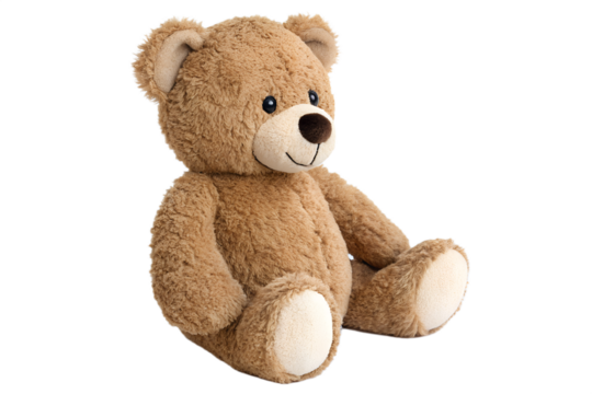 Professional real life product photography of a cute and cuddly brown teddy bear plush animal, seated and isolated on a seamless white backdrop