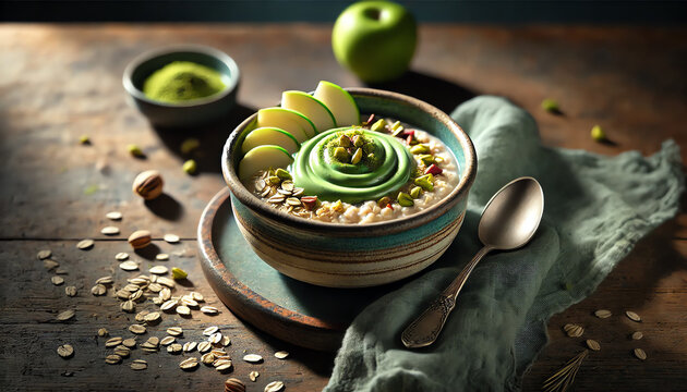 A close-up of a rustic ceramic bowl filled with creamy oatmeal, topped with a swirl of vibrant green matcha yogurt, thinly sliced apples