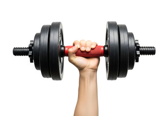 Hand holding a red and black adjustable dumbbell with weight plates isolated on a transparent background