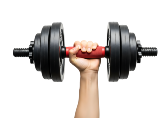Hand holding a red and black adjustable dumbbell with weight plates isolated on a transparent background