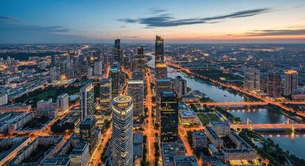 A bustling city skyline at dusk, with tall buildings illuminated by the glow of city lights.