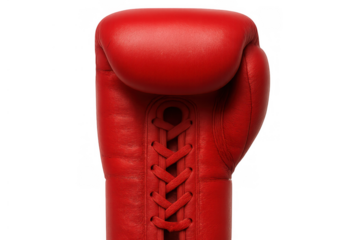 Red boxing glove showing laces on wrist, symbolizing strength, fitness, combat sports, competition, and fighting spirit on transparent background