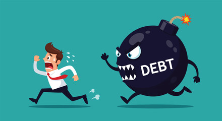 Man Fleeing from a Giant Bomb Labeled Debt.