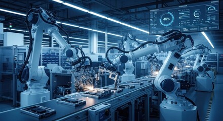 Robotic arms working in a factory setting, with a digital display showing various metrics.