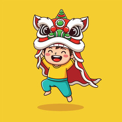 Joyful Child Wearing Traditional Chinese Lion Dance Costume in Celebration.