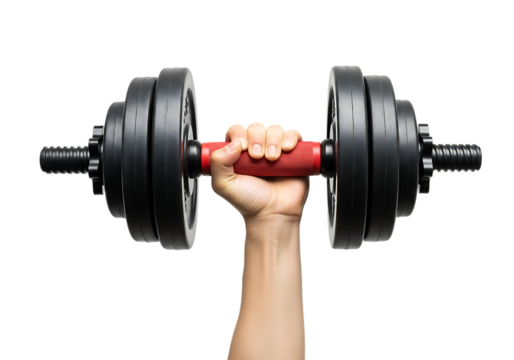 Hand holding a red and black adjustable dumbbell with weight plates isolated on a transparent background
