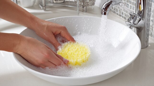 Hands Washing a White Plate With a Yellow Sponge in a Modern Kitchen Sink Filled With Bubbles - Powered by Adobe