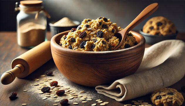 A close-up of a rustic wooden bowl filled with freshly mixed oatmeal raisin cookie dough