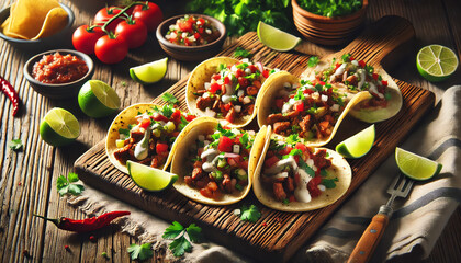 Fototapeta premium A close-up of a rustic wooden serving board filled with freshly made tacos