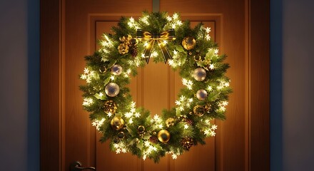 Festive Christmas Wreath Decorated with Lights, Ornaments, and Golden Accents Welcomes Holiday Cheer for Home or Business Celebrations