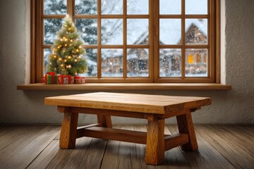 Cozy christmas scene with decorated tree and gifts by a snowy window