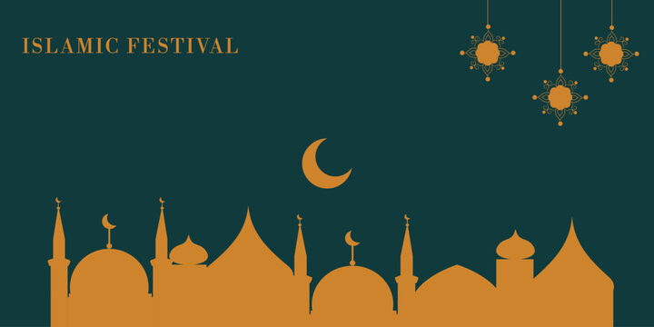 Poster in mustard green and gold tones with mosques, crescent moons and ornaments. Suitable for Ramadan and Eid greetings, advertising banners and sales, social media posts, printed products and decor