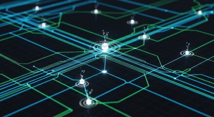 A futuristic circuit board with glowing nodes and lines, representing a network or data flow.