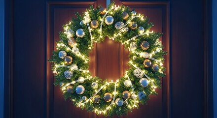 Festive Christmas Wreath Decorated with Silver Baubles and Warm Lights for Holiday Celebrations