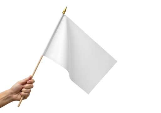 Hand holding a small white flag on a wooden pole with a golden finial isolated on a transparent background