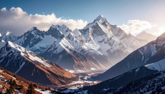 A breathtaking panoramic view of a vast mountain range with snow-covered peaks, illuminated by the sun and set against a blue sky with clouds.