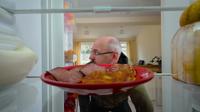 Man opening fridge, picking up and smelling spoiled sausage with disgusted expression, view from inside of fridge. Male reacting to bad odor while feeling annoyed and cautious. Guy tossing sausage
