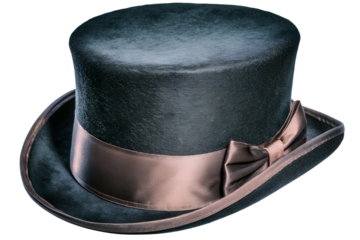 An elegant black top hat with a bronze ribbon exudes timeless style