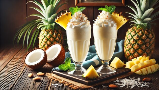 Two tall glasses of creamy pi&ntilde;a colada milkshake with whipped cream on top, garnished with fresh pineapple slices, shredded coconut and a mint leaf