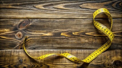 A yellow fabric measuring tape elegantly curved on a rustic wooden surface, suggesting concepts of measurement, tailoring, and craftsmanship