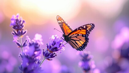 Fototapeta premium A monarch butterfly with orange and black wings perches on a purple lavender flower, with a soft, bokeh background of light.