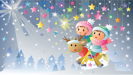 Naklejka premium Enchanting winter scene with children joyfully riding a magical flying reindeer through a snowy landscape under a starry night sky