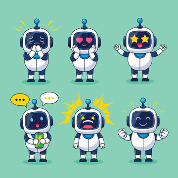 Six Cute Cartoon Robots Displaying Various Emotions and Actions 1.