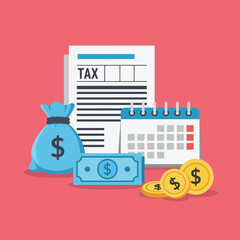 Tax form with money bag cash coins and calendar 1.
