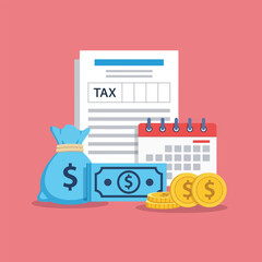 Fototapeta premium Tax form with money bag cash coins and calendar.