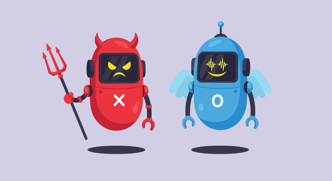 Two contrasting cartoon robots one devilish and one angelic representing good versus evil.