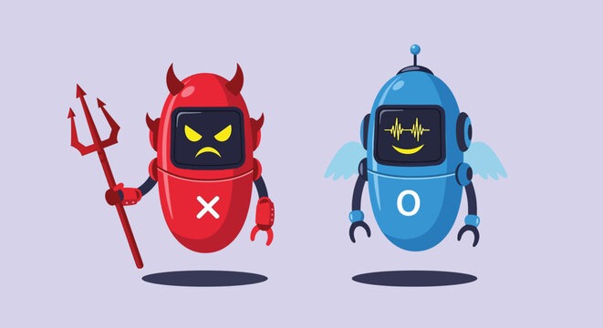 Two contrasting robots one devilish and one angelic representing good and evil.