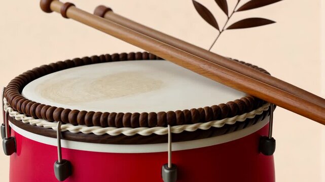 Closeup transition of traditional drum and sticks, highlighting texture and detail