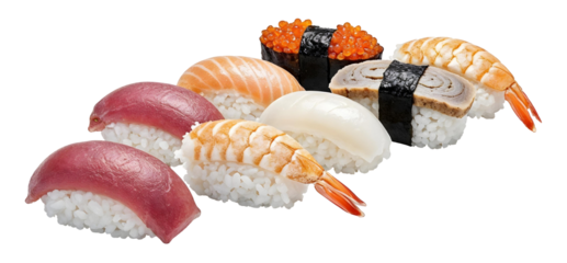 Assorted sushi set with tuna, salmon and shrimp, transparent background, PNG