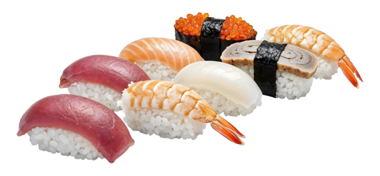 Assorted sushi set with tuna, salmon and shrimp, transparent background, PNG - Powered by Adobe