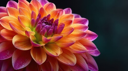 Close up of a colorful dahlia flower showing its intricate petal details, with vibrant shades of purple, pink, and orange against a dark background