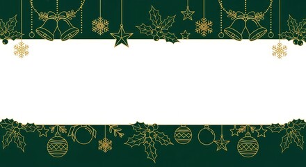 Christmas ornaments and bells hanging on a green background with a white space for text or image