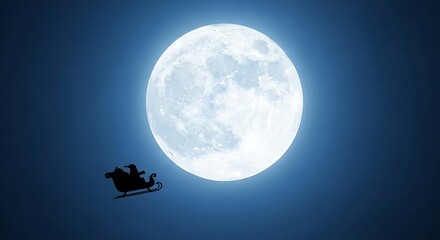 Silhouette of Santa Claus in Sleigh Against a Bright Full Moon Night Sky for Holiday and Christmas Decorations