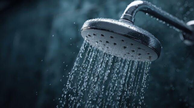 Close-up of shower head with flowing water droplets on a dark blue moody background