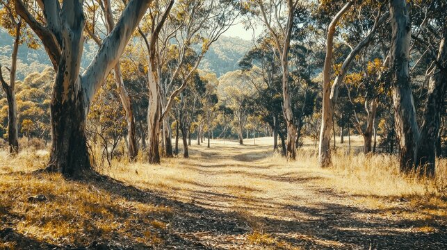 A dense Australian bush landscape, with tall eucalyptus trees and rugged terrain under the midday sun. - Powered by Adobe