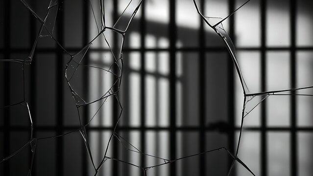 universalism. A broken glass pane with the blurred shadow of prison bars behind it. wellbeing guides, coaching materials, designed for mental health education and mindfulness programs.
